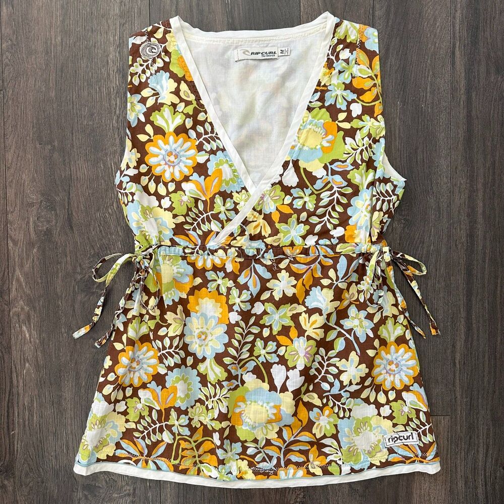 Vtg Y2K RipCurl Babydoll Shirt Tie Waist V-Neck Floral Print Women's Size Medium